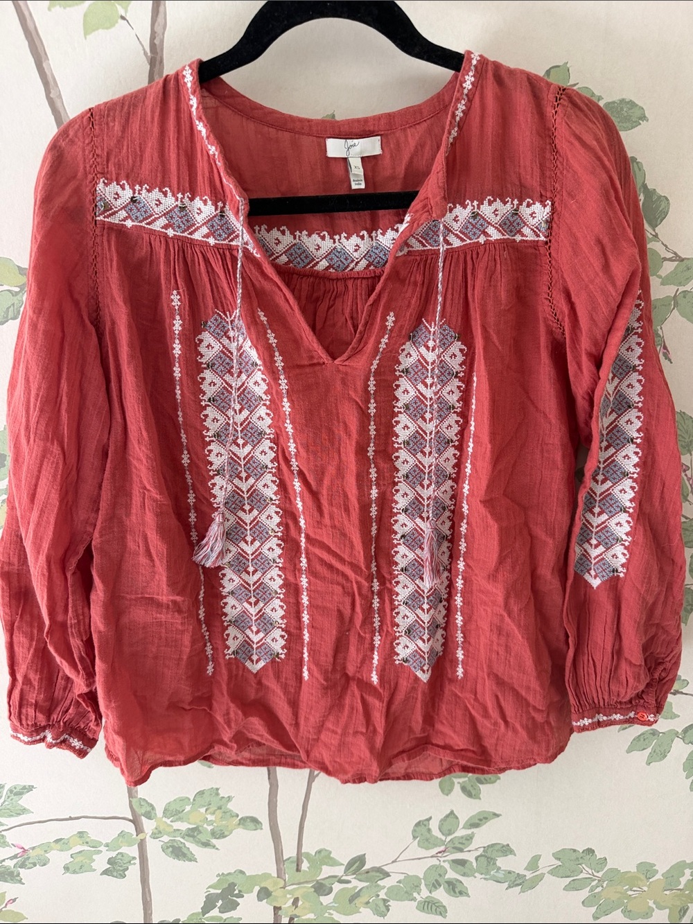 Joie Coral Red Embroidered Boho Peasant Blouse